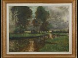 an image of a painting of a river with trees in the background