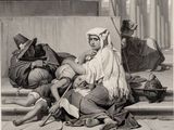 un dessin en noir et blanc représentant un homme et une femme assis sur les marches