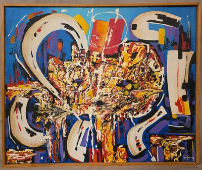 peinture abstraite représentant un vase de fleurs, encadrée dans un cadre en bois et accrochée au mur