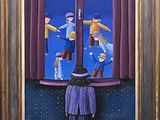 a painting of a man standing in front of a window