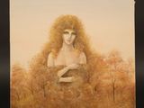 a painting of a woman with long hair standing in front of a easel