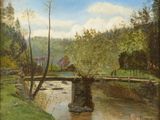 an image of a painting of a river with a bridge in the background