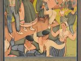 painting of a group of people in a park with a tree