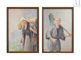 deux tableaux représentant un homme et une femme avec un sac de fleurs