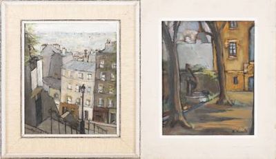 two paintings of a city street with buildings in the background