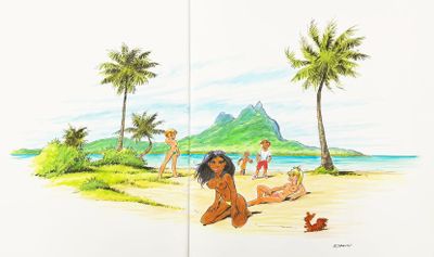two pages of a book with a picture of a girl and a boy on the beach