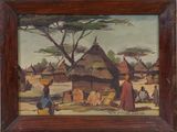 une peinture à l'huile représentant une scène de village avec une femme et un enfant