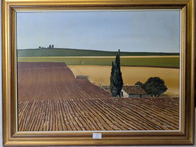 une peinture à l'huile représentant une scène de campagne avec un arbre solitaire au milieu d'un champ labouré