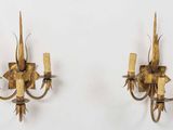 paire d'appliques murales anciennes en laiton avec fleurs et feuilles