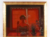un tableau représentant une femme assise à une table avec une tasse de café