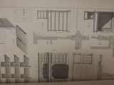 a picture of a drawing of a room with stairs and windows