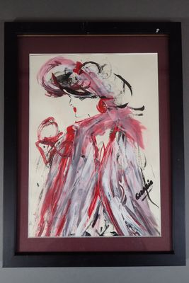 tableau encadré représentant une femme en robe rouge et coiffée d'un chapeau