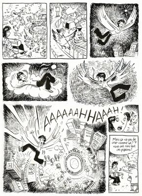 une page en noir et blanc tirée d'une bande dessinée, avec une bande dessinée en arrière-plan