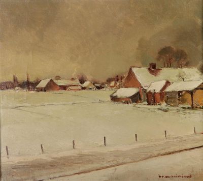 an image of a painting of a snowy landscape with houses