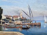a painting of a harbor scene with boats in the water