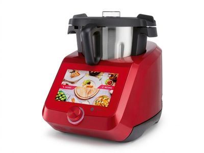 the blender is red and has a digital screen on the side