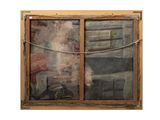 a painting on the wall of a window with a rope
