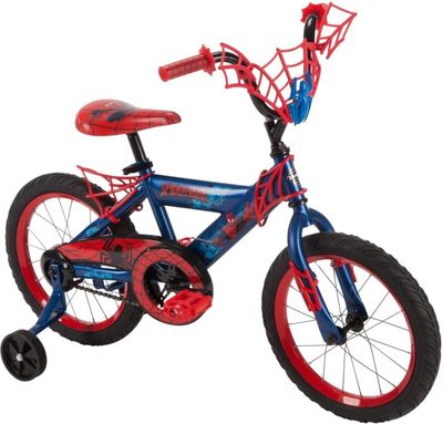 the spider - man bike is blue and red with a spider - man helmet
