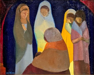 an oil painting of a group of people standing in front of a cross