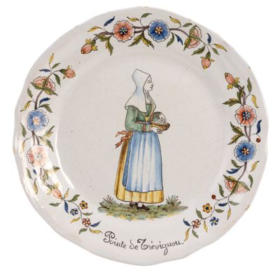 a plate with a picture of a woman holding a basket of flowers
