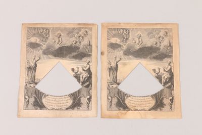 two old paper pictures of a man and a woman on a boat