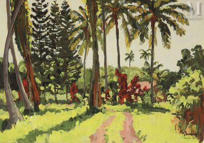 une image représentant un tableau d'un chemin de terre bordé de palmiers