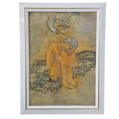 an image of a painting of a woman sitting on a rock