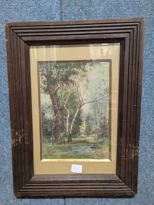a painting of a wooded scene with trees in the background