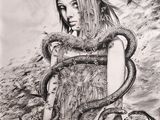 dessin représentant une femme avec un serpent enroulé autour du cou