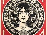 a red and black poster with a woman ' s face on it