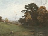 painting of a field with trees and cows grazing in the distance