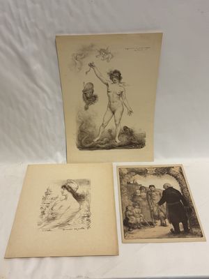 trois gravures anciennes représentant une femme et un homme sur fond blanc