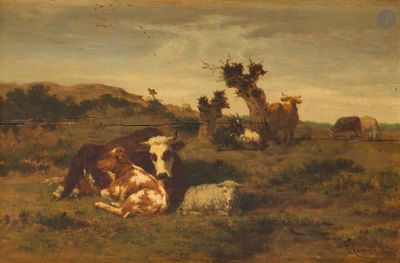 un tableau représentant une vache couchée dans un champ