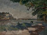 une peinture à l'huile représentant une scène fluviale avec un pont au loin