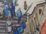 a painting of a group of people walking down a street