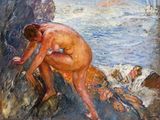 an image of a painting of a naked man on a rock by the ocean