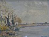 painting of a painting of a boat on a river with trees in the background