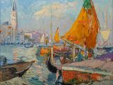 painting of boats in a harbor with a clock tower in the background