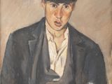 painting of a man in a black hat and a white shirt