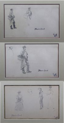 trois dessins encadrés représentant un homme et une femme marchant dans une rue