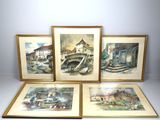 quatre aquarelles encadrées représentant un village et un pont