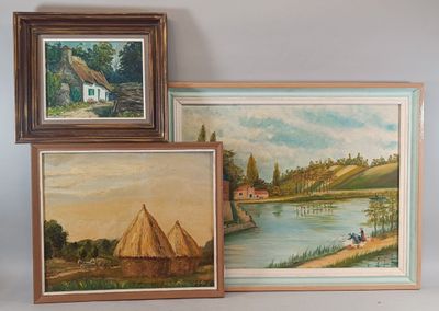 three framed paintings of boats on a river with a house in the background