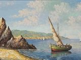 a painting of a boat on the water near a rocky shore