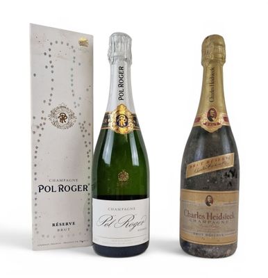 two bottles of champagne and a box of wine on a white surface