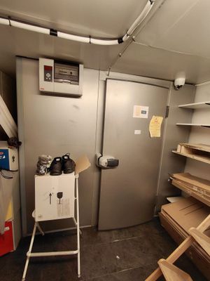 une pièce avec des étagères, des étagères et une échelle à l'intérieur