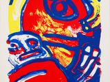une image représentant un tableau avec un visage rouge, bleu et jaune