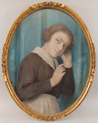 portrait of a woman in a brown dress holding her hand to her head