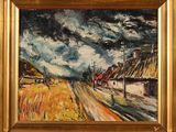 une image représentant un tableau d'une route de campagne, dans un cadre doré