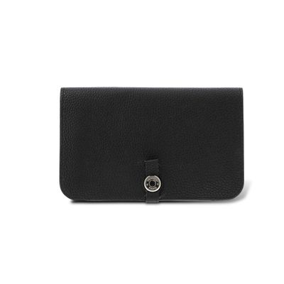 a black leather wallet with a metal clasp on the front