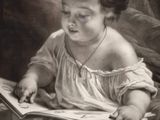 a black and white photo of a little girl reading a book